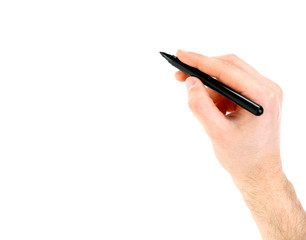 Male hand with black marker isolated on white