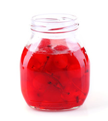 Homemade jar of red maraschino cherry isolated