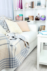 Modern interior design of living room in light colors, indoors