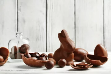 Rolgordijnen Chocolate Easter Eggs on color wooden background © Africa Studio