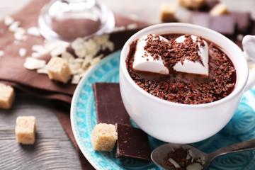 Hot chocolate with marshmallows in mug,