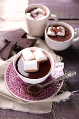 Hot chocolate with marshmallows in mug,