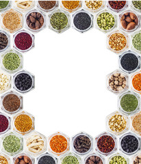 Various spices and herbs on white background.