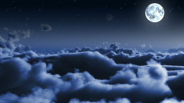 Night flight over clouds with stars and Moon