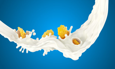 The falling corn flakes in milk splashes on a blue background