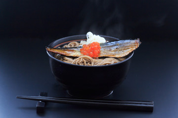 Japanese buckwheat noodles in hot soup