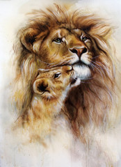 beautiful airbrush painting of a loving lion  and her baby cub © jozefklopacka
