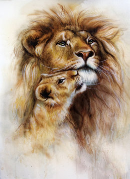 beautiful airbrush painting of a loving lion  and her baby cub