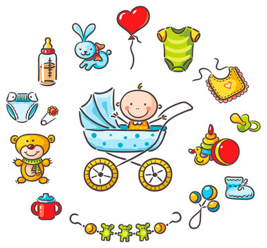 Baby in a baby-carriage with baby things
