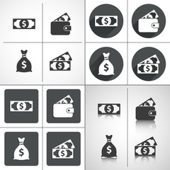 Money set icons: money bag, purse. Set elements for design