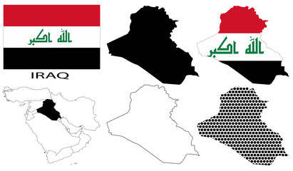 Iraq - Flag, four vector map contours and Middle East map