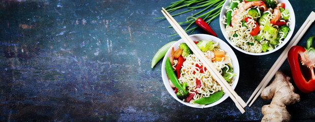 Chinese noodles with vegetables and shrimps © Natalia Klenova