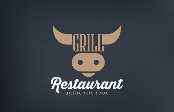 Logo Beef Grill BBQ restaurant bar design. Barbecue Cow