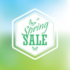 Spring sale poster with hexagonal badge. Typographic text