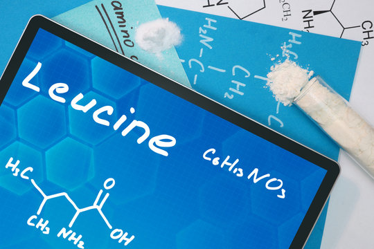 Tablet with the chemical formula of Leucine . Amino acids.