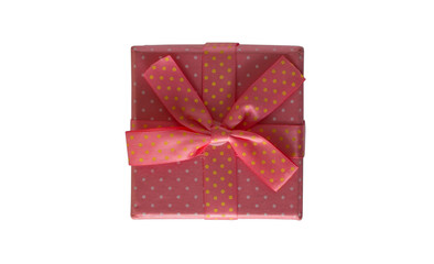 Single red gift box with silver ribbon on white background.