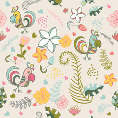 seamless pattern with parrots and tropical plants on a beige bac