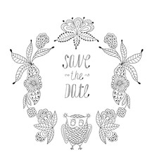 Cute cartoon vector owls  in  frame of leaves and flowers