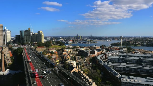 Panning aerial shot of Sydney CBD and Sydney Harbour