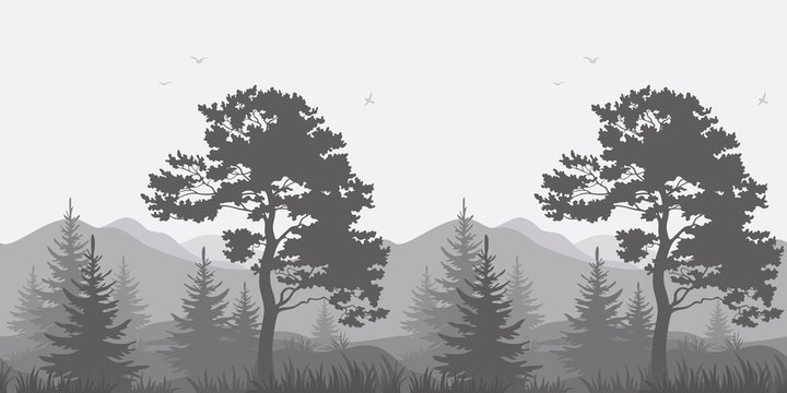 Mountain landscape with trees and birds