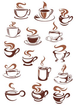 Coffee cups and mugs in doodle sketch style