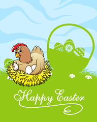 Happy easter card with hen and basket with easter eggs