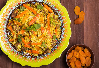 Turkish pilaf with lamb, turmeric and spices in traditional styl