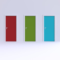 Wall with three doors. 3d illustration.