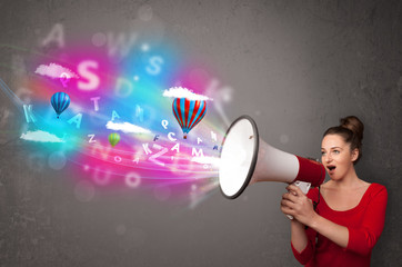 Girl shouting into megaphone and abstract text and balloons come