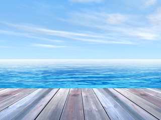 Conceptual wood deck over sea and sky