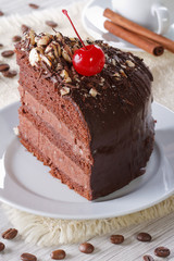 A piece of chocolate cake with cherries on a plate. Vertical