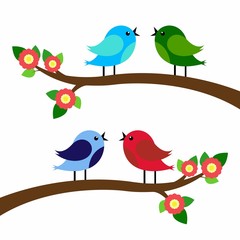 birds colorful on tree branches silhouettes