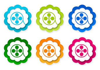 Set of colorful stickers icons with movie symbol