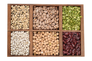 wood box of dried beans and peas