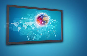 Touchscreen display with Globe, network of person icons and