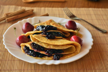 Homemade Pancakes With Jam And Fresh Cherries