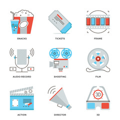 Movie production industry line icons set