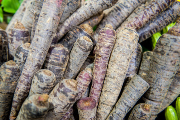 Heap of purple carrots close up with selected focus