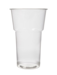 Empty plastic cup on a white background