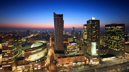 Fototapety  Centrum Warszawy o zachodzie słońca
