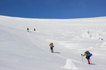 winter hiking in the mountains.