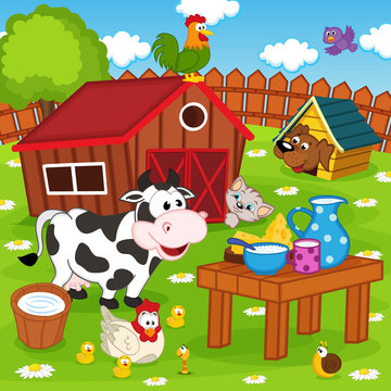 farm animals in barnyard - vector illustration, eps
