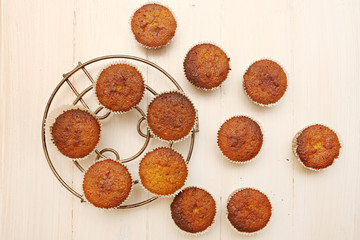 Top view on fresh baked chocolate muffins