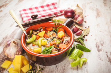 Rural vegetarian broth soup with colorful vegetables and rustic