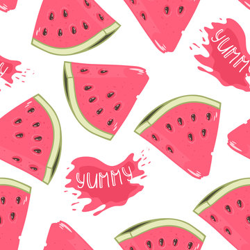 Slices of watermelon seamless pattern with juice drop