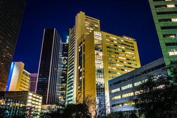 Fototapeta premium Cluster of skyscrapers at Thanks-Giving Square at night in Dalla