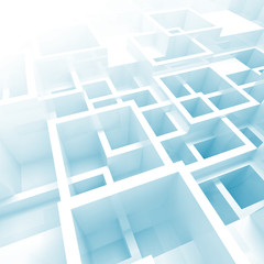  3d interior with white and blue chaotic square cells