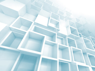 3d background with white and light blue empty shelves