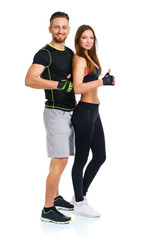 Sport man and woman after fitness exercise with a finger up on t