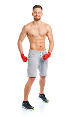 Fototapeta na wymiar Athletic attractive man wearing boxing bandages on the white